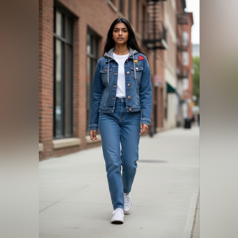 Ripzone Girls  Denim Jacket with Gray Hood EUC Embroided Sequin Removable Hood